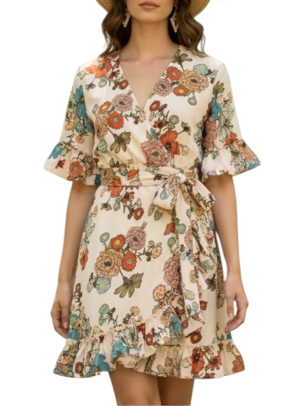 NEW Vintage Floral Print Cream Mock Wrap Ruffle Dress Sash Waist Women Small